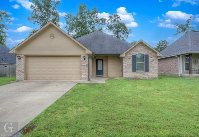 single story home featuring a front yard and a garage