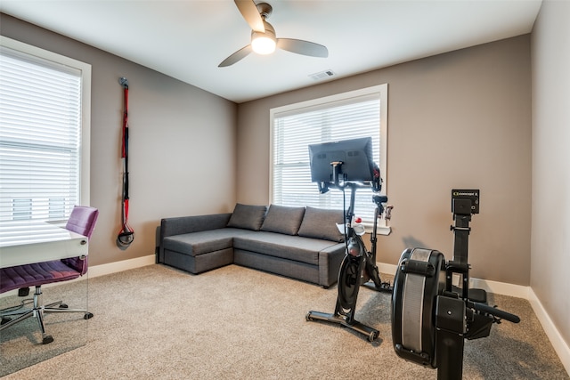 workout room featuring carpet flooring and ceiling fan