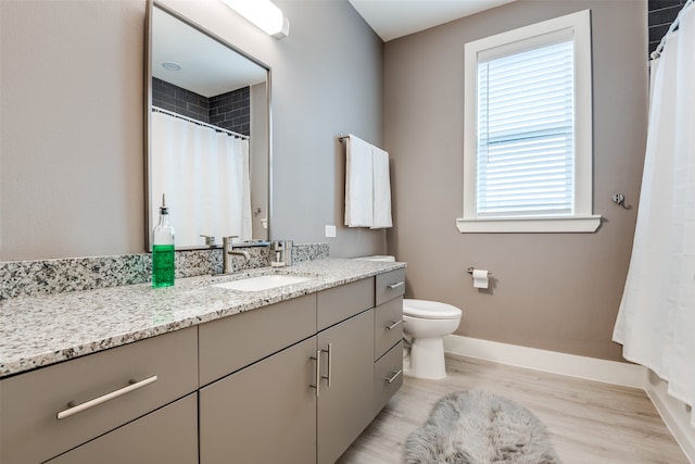 bathroom with vanity, toilet, and hardwood / wood-style floors