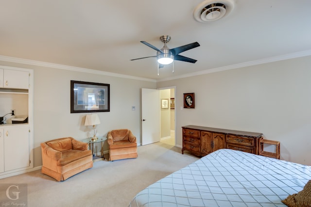 bedroom featuring crown molding, ceiling fan, and light colored carpet