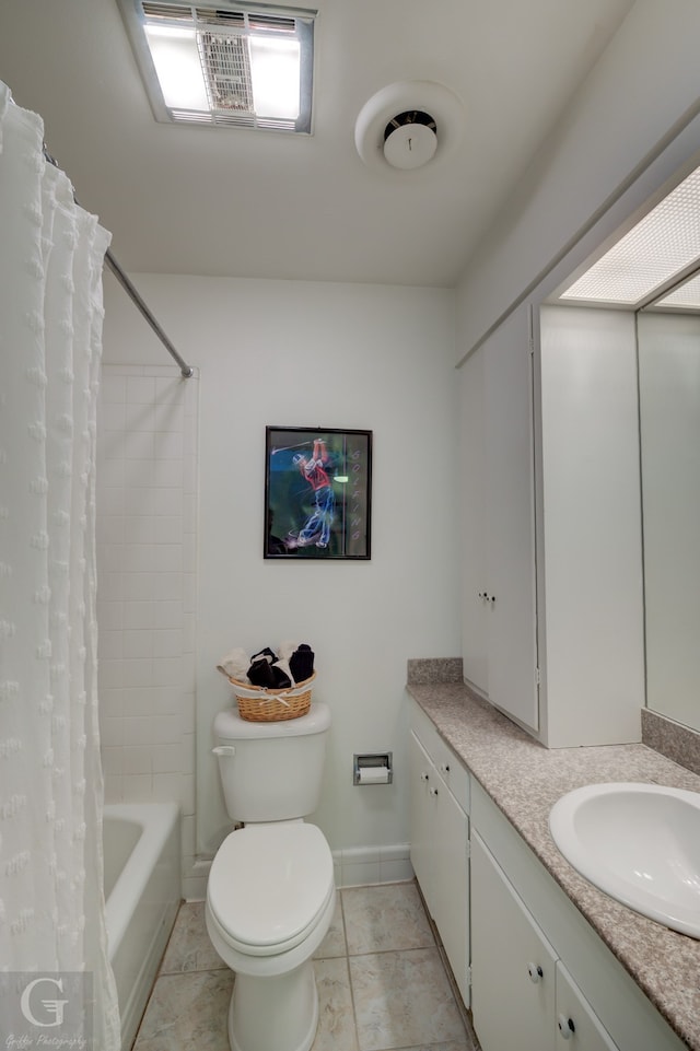 full bathroom featuring vanity, toilet, tile floors, and shower / bath combo