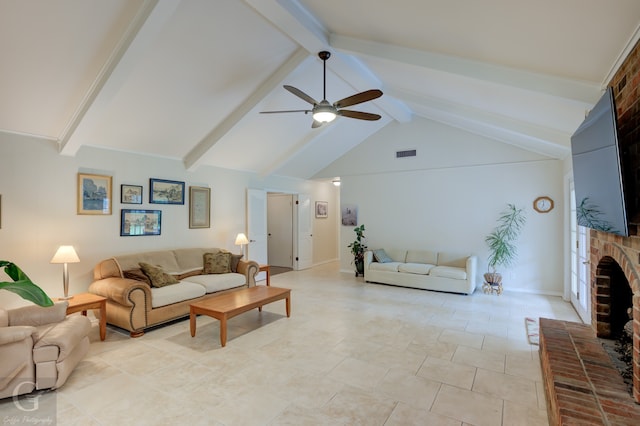 tiled living room with high vaulted ceiling, beamed ceiling, ceiling fan, and a brick fireplace