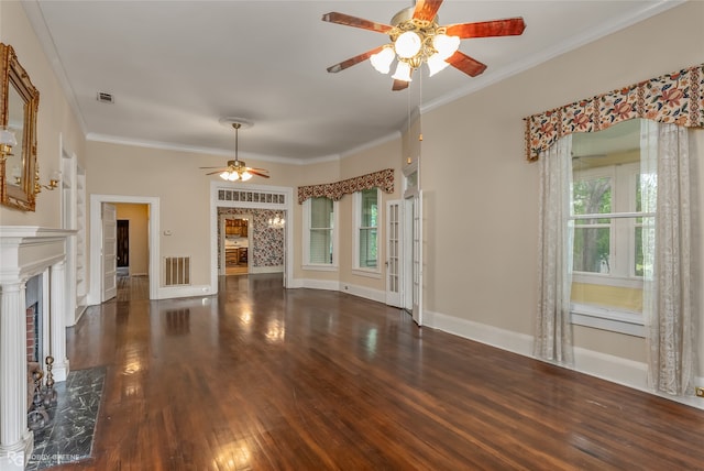 unfurnished living room featuring a premium fireplace, ceiling fan, ornamental molding, and dark wood-type flooring