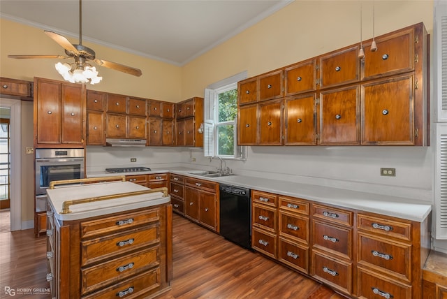 kitchen with oven, dark hardwood / wood-style floors, ceiling fan, and black dishwasher