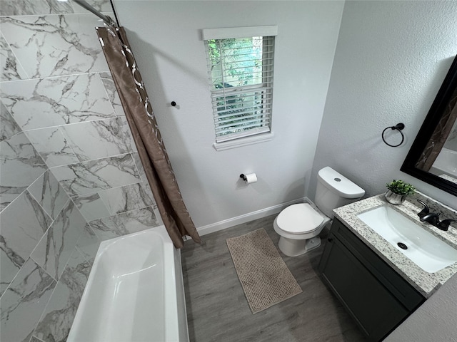 full bathroom with wood-type flooring, toilet, shower / bathtub combination with curtain, and vanity