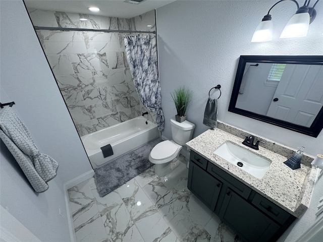 full bathroom featuring tile patterned flooring, vanity, shower / tub combo with curtain, and toilet