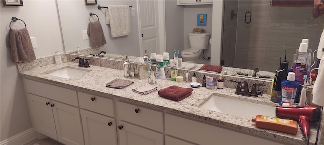 bathroom with vanity, toilet, and walk in shower