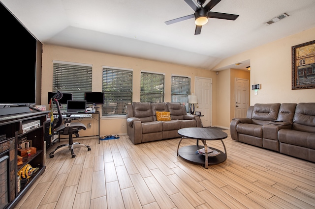 living room with light wood-type flooring and ceiling fan