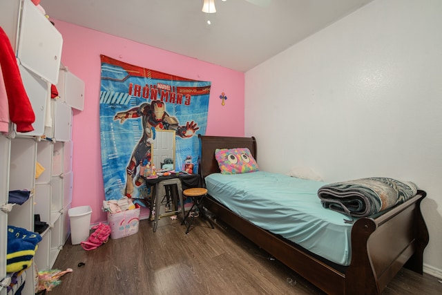 bedroom featuring wood-type flooring and ceiling fan