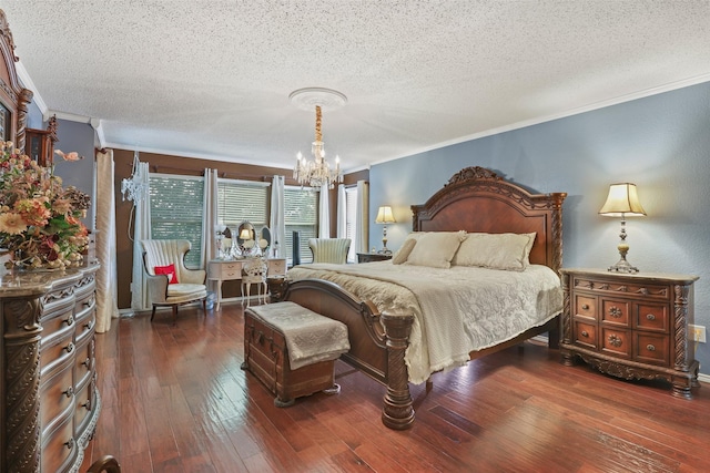 bedroom with a textured ceiling, dark hardwood / wood-style floors, and crown molding