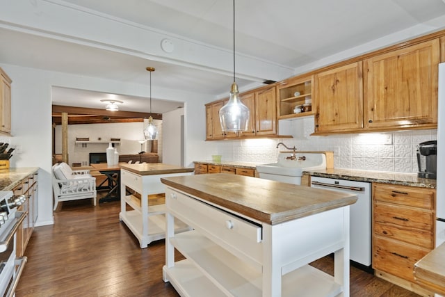 kitchen with dark hardwood / wood-style floors, beam ceiling, white appliances, and sink