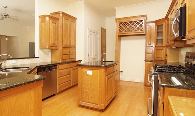 kitchen with backsplash, a center island with sink, sink, light wood-type flooring, and stainless steel appliances