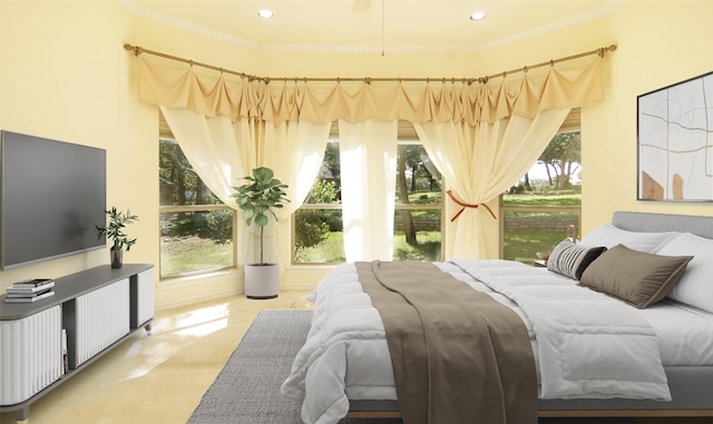 bedroom featuring crown molding and multiple windows