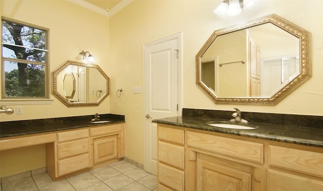 bathroom featuring tile patterned floors, vanity, and ornamental molding