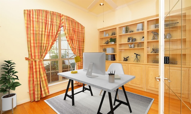 home office with light hardwood / wood-style floors and ornamental molding