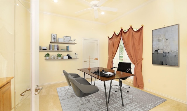 home office with ceiling fan and ornamental molding