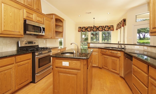 kitchen featuring sink, light wood-type flooring, stainless steel appliances, and an island with sink