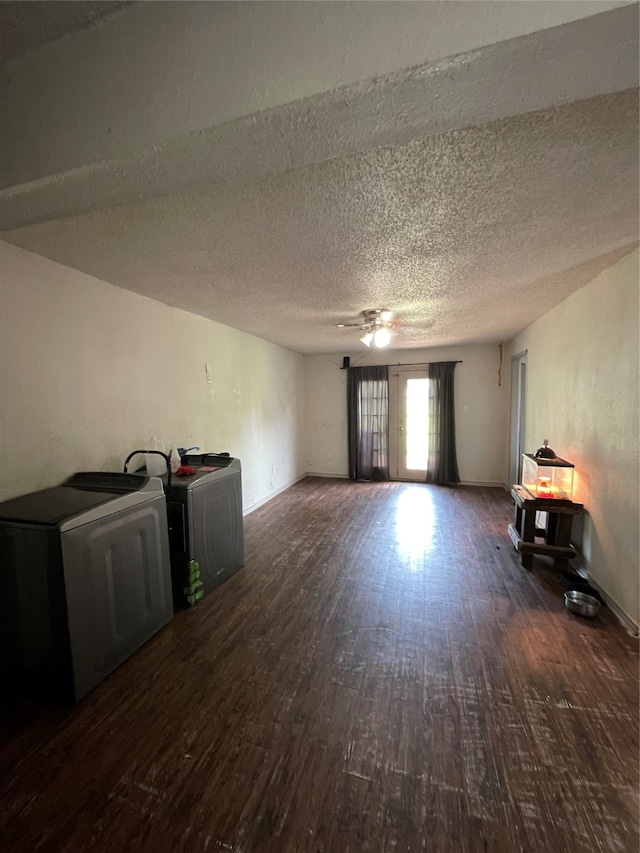 interior space with ceiling fan, hardwood / wood-style flooring, and a textured ceiling