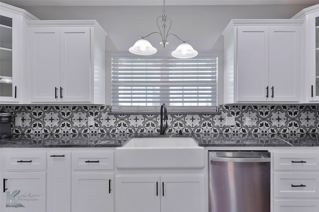 kitchen featuring dishwasher, backsplash, and white cabinetry