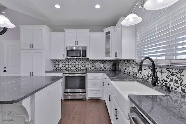 kitchen with stainless steel appliances, hanging light fixtures, tasteful backsplash, and dark hardwood / wood-style floors