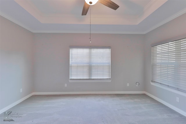 carpeted empty room featuring plenty of natural light, ceiling fan, and a tray ceiling