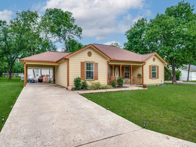 single story home featuring a front lawn and covered porch