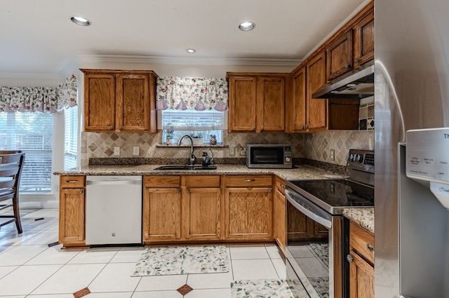 kitchen featuring light stone countertops, a wealth of natural light, sink, and stainless steel appliances