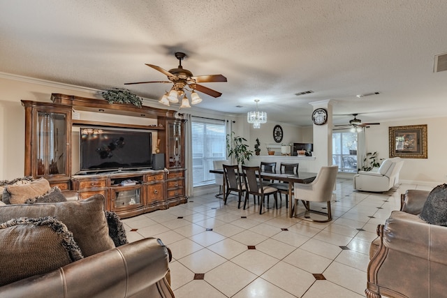 tiled living room featuring ceiling fan with notable chandelier, a textured ceiling, and crown molding