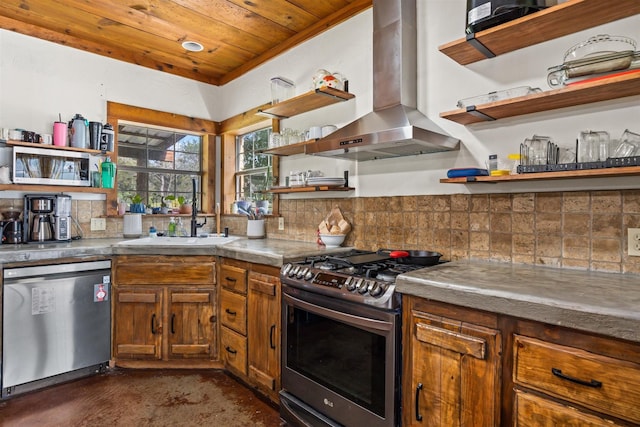 kitchen with sink, tasteful backsplash, wood ceiling, stainless steel appliances, and extractor fan