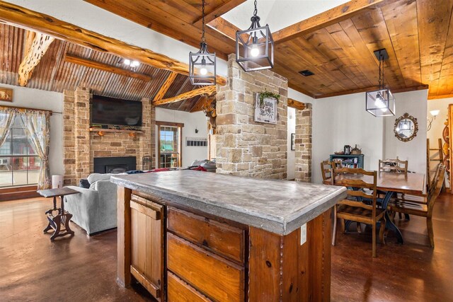 living room with beamed ceiling, high vaulted ceiling, ceiling fan, and wood ceiling