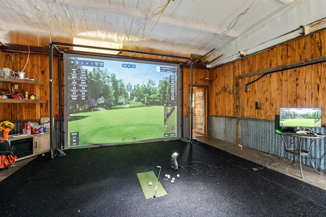 playroom with wood walls