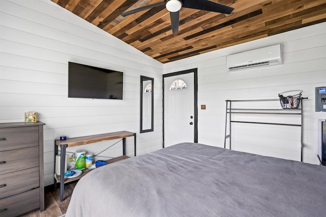 bedroom featuring wooden ceiling, a wall unit AC, ceiling fan, and lofted ceiling