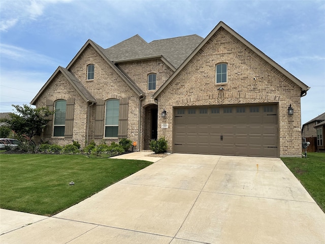 french country style house featuring a garage and a front lawn