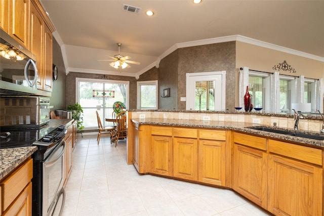 kitchen featuring ceiling fan, sink, light stone countertops, and stainless steel appliances