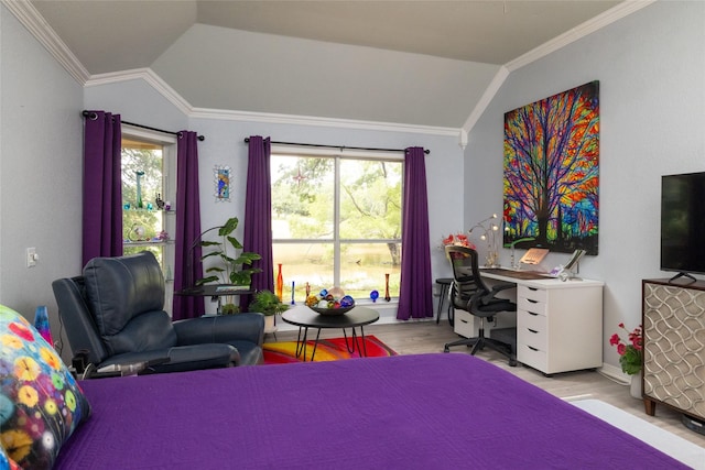 bedroom featuring multiple windows, light hardwood / wood-style flooring, and lofted ceiling