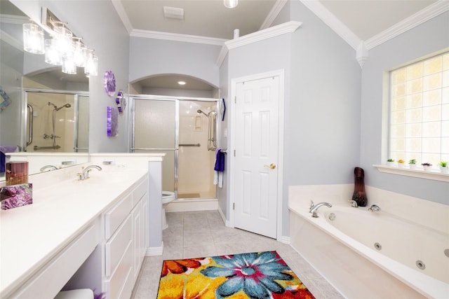 full bathroom with toilet, tile patterned floors, separate shower and tub, and crown molding