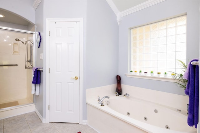 bathroom featuring tile patterned floors, plus walk in shower, and ornamental molding