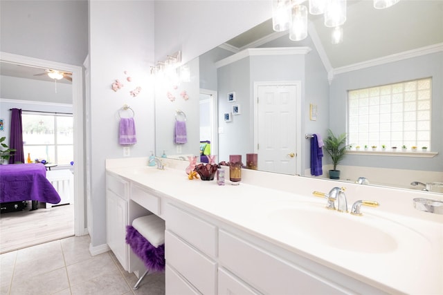 bathroom featuring ceiling fan, tile patterned flooring, vanity, and ornamental molding