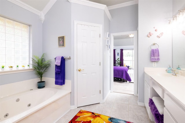 bathroom with a bathtub, a wealth of natural light, and crown molding