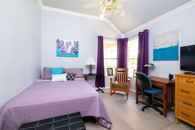 bedroom featuring light colored carpet, vaulted ceiling, ceiling fan, and ornamental molding