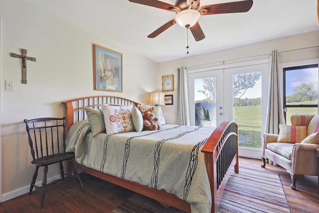 bedroom featuring ceiling fan, dark hardwood / wood-style flooring, access to exterior, and french doors