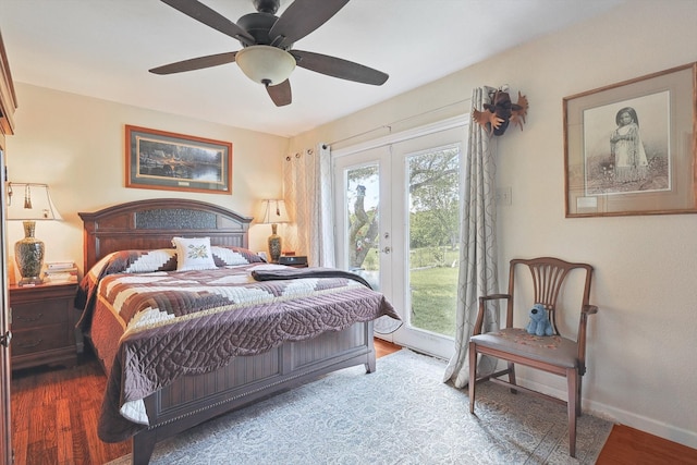 bedroom featuring hardwood / wood-style floors, ceiling fan, access to exterior, and french doors