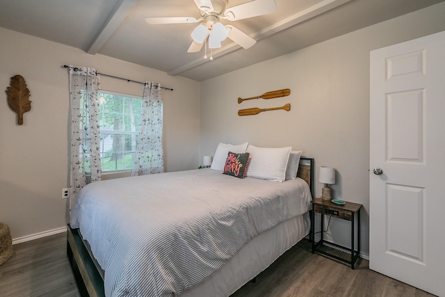 bedroom featuring beamed ceiling, ceiling fan, and dark hardwood / wood-style floors