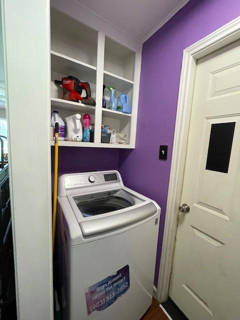 washroom with washer / dryer and crown molding