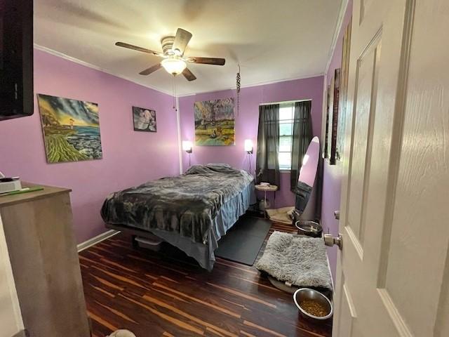 bedroom featuring ceiling fan, dark hardwood / wood-style flooring, and crown molding