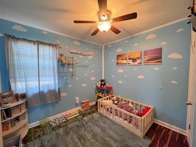 bedroom featuring crown molding, ceiling fan, and wood-type flooring