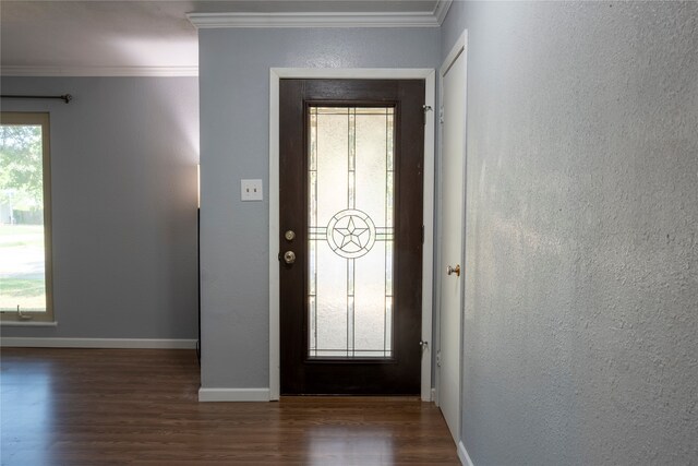 foyer with dark hardwood / wood-style floors and ornamental molding