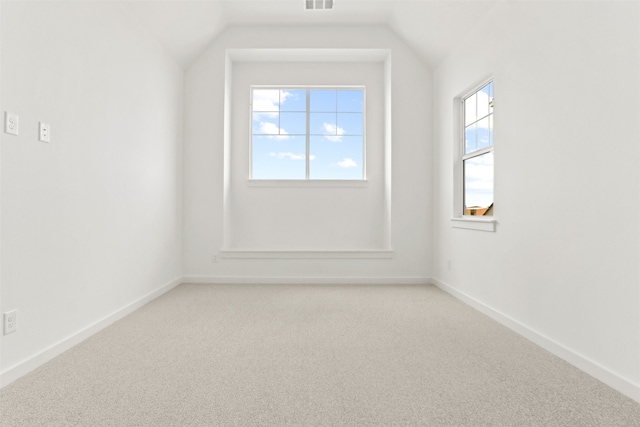 unfurnished room with lofted ceiling and carpet floors