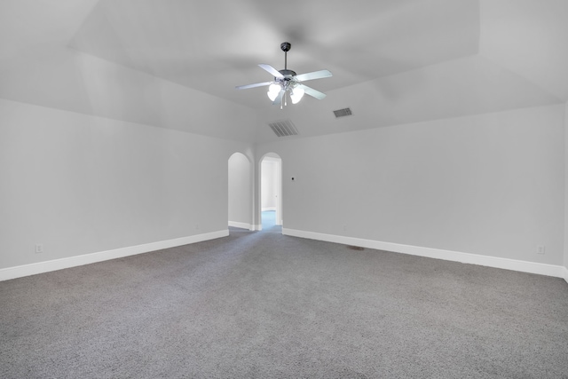 additional living space featuring ceiling fan, lofted ceiling, and carpet floors