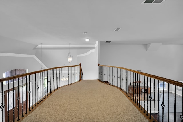 hall with carpet floors and a healthy amount of sunlight